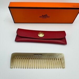 Hermes Gold Hair Buffalo Horn Comb with Red Case
